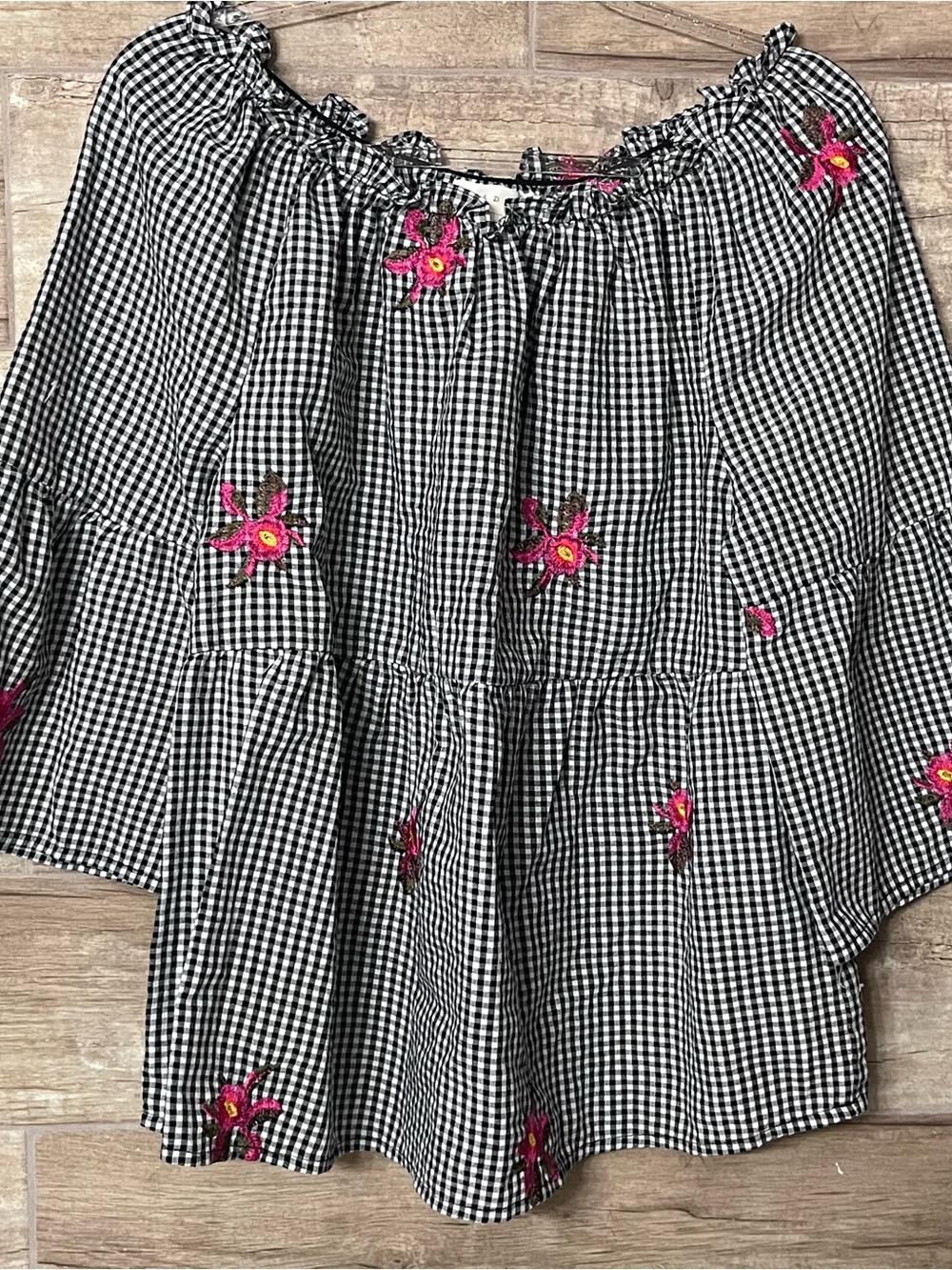 Adia Black and White Gingham Peasant Blouse with Embroidered Flowers Peplum